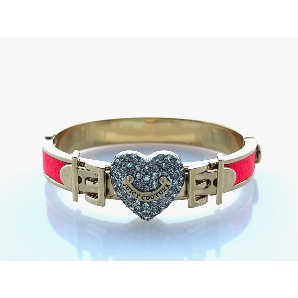 Juicy Couture Pave Heart Neon Orange Hinged Bangle Bracelet Gold Tone
